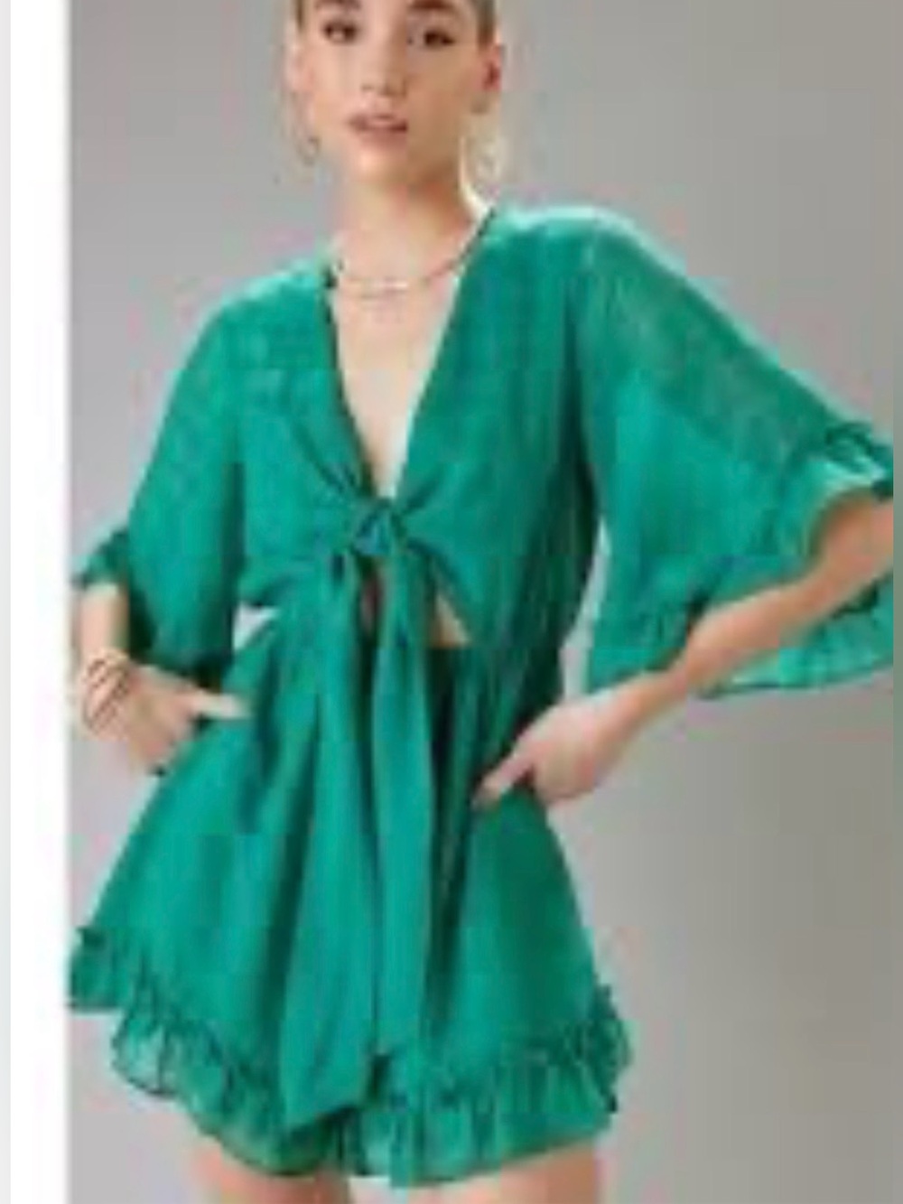 Chiffon Ruffle Romper with Cut Out Mi Ami Green Boho Chic Romantic Size M - Picture 15 of 15